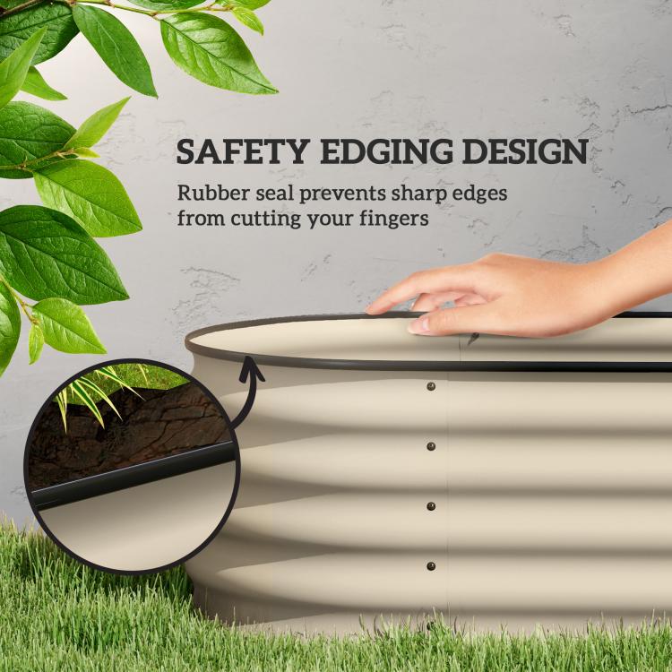 Cream raised garden bed with black safety edging, close-up with hand near rim