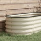 Cream galvanized metal raised garden bed corner detail with ridged side panels
