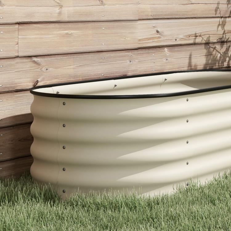 Cream galvanized metal raised garden bed corner detail with ridged side panels