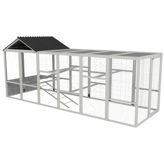 Gray chicken coop run with black roof, enclosed wire mesh panels and interior perches