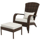 Woven wicker fire pit chair with white cushions and matching ottoman