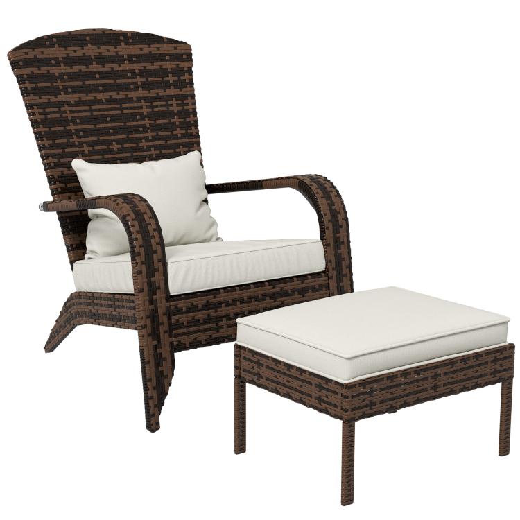 Wicker Adirondack chair with tall back, white seat cushion, and ottoman