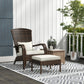 Outdoor brown wicker armchair with high back, white cushions, and ottoman