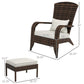 Dimensions view of brown wicker armchair with white seat cushion and ottoman