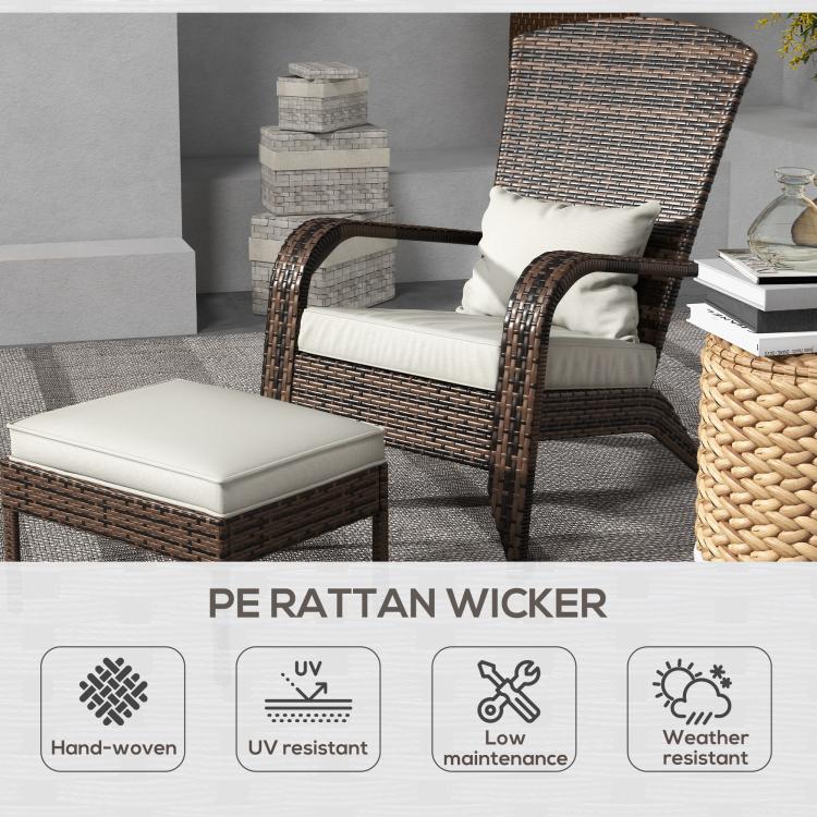 Brown woven wicker chair with white cushions and matching ottoman on patio