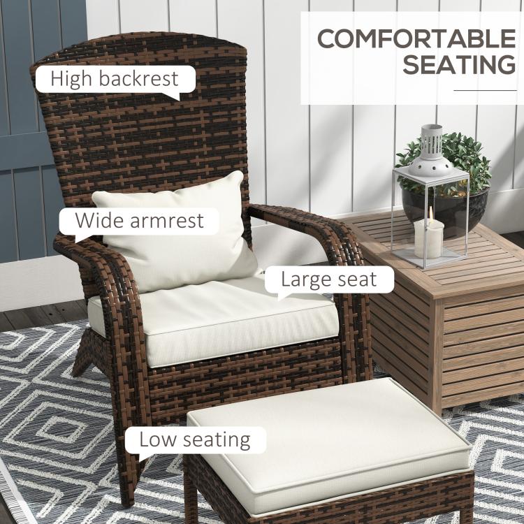Brown wicker Adirondack-style chair with white cushions and ottoman