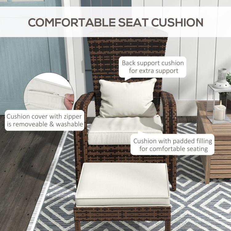 White seat cushion and back support cushion on brown wicker chair with ottoman