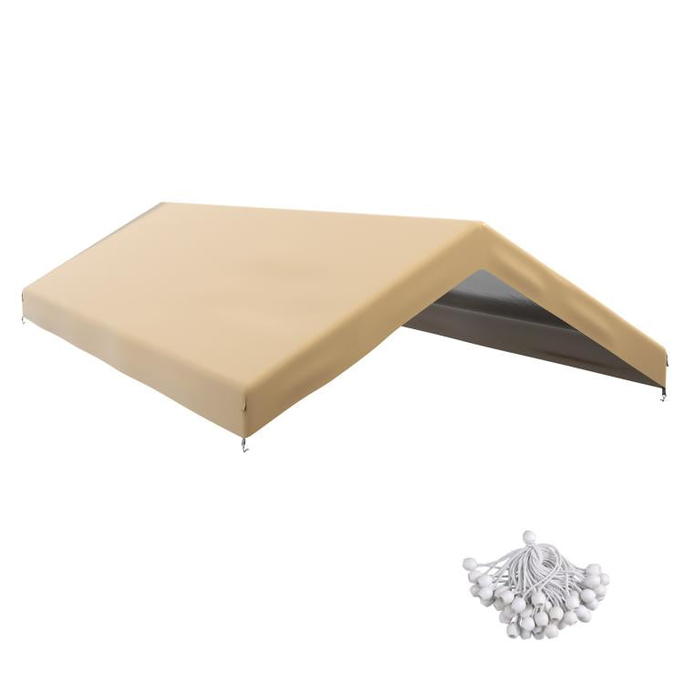 Beige carport canopy cover with ball bungee cords and dark underside