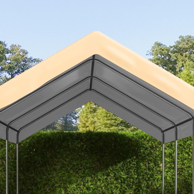 Beige carport canopy replacement cover with dark gray frame, peaked roof corner