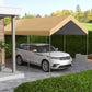 Beige carport canopy cover over car with dark sloped roof panels