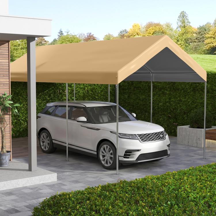 Beige carport canopy cover over car with dark sloped roof panels
