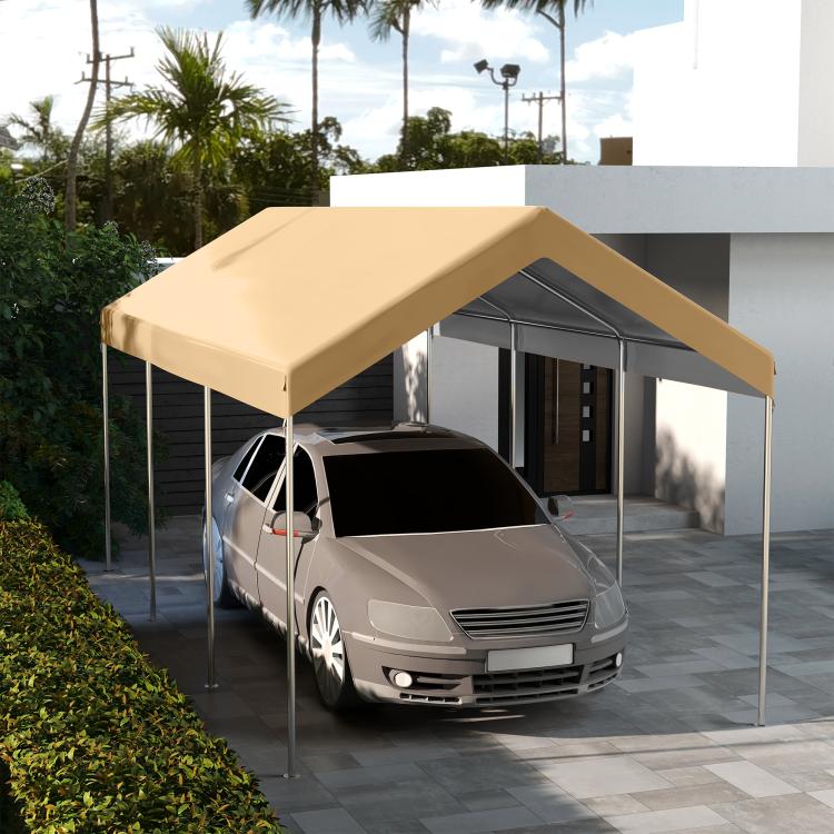 Beige carport canopy cover over car with dark roof underside