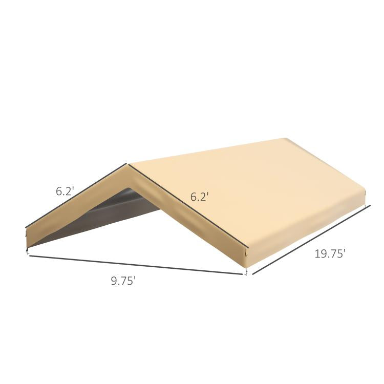 Beige carport canopy cover dimension diagram with angled corner sections