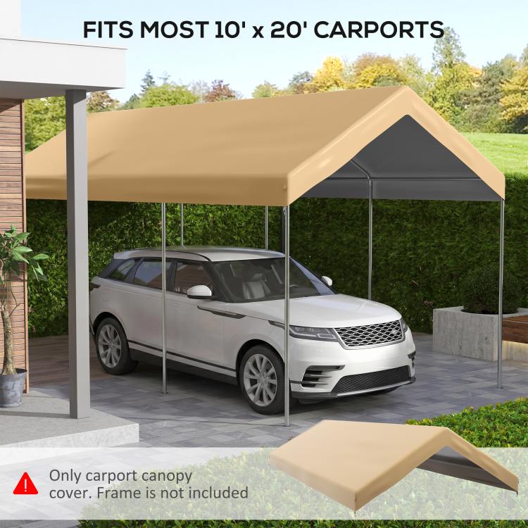 Beige carport canopy cover over car, open sides and dark roof underside