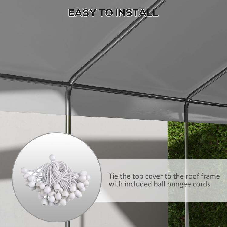 Beige canopy cover corner with ball bungee cord tied to roof frame