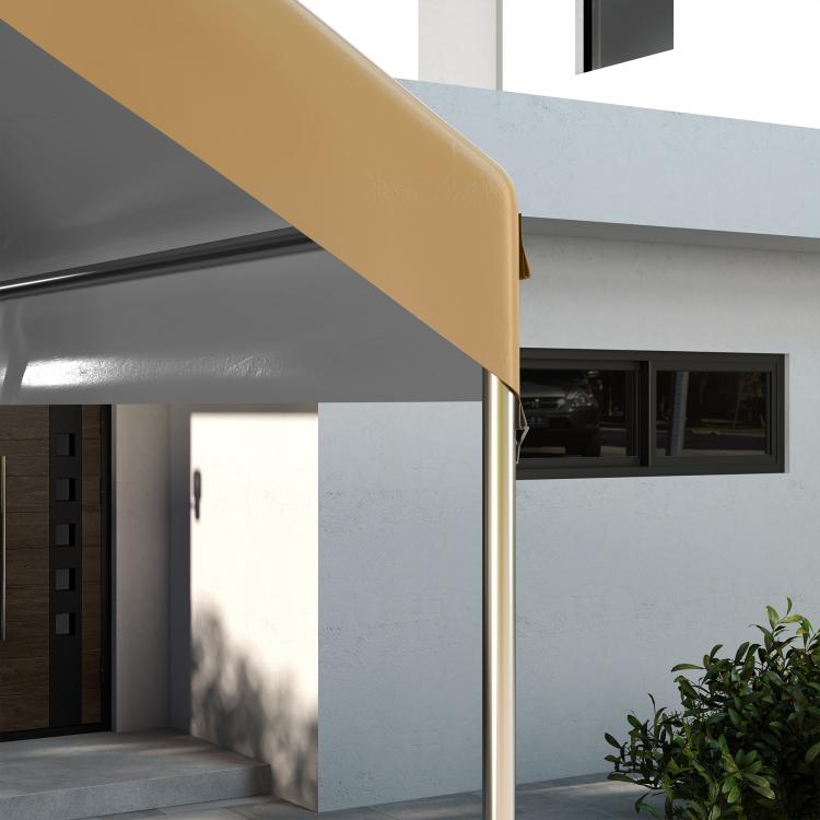 Beige canopy cover edge with dark underside and metal roof frame