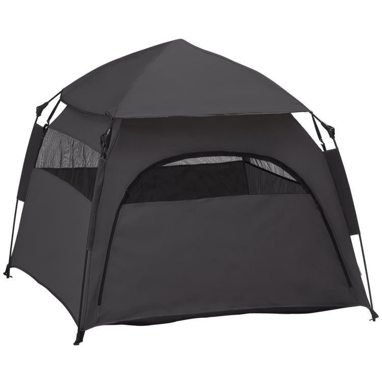 Dark gray pop-up dog tent with arched doorway and mesh side panels