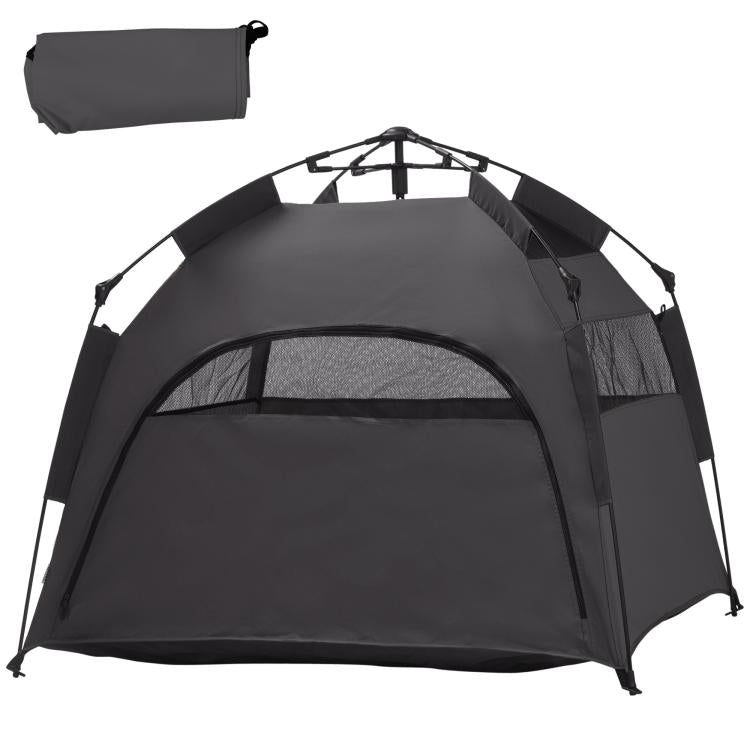 Dark gray pop-up dog tent with open roof and front mesh doorway
