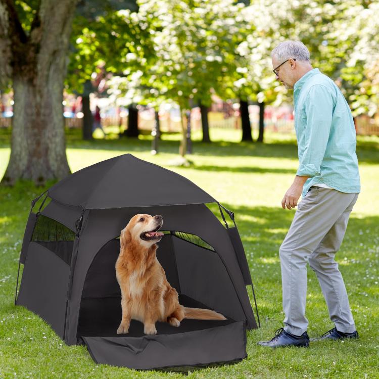 Dark gray pop-up dog tent with mesh front panel and arched entrance