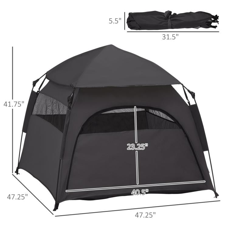 Dark gray pop-up dog tent with arched mesh entrance and labeled dimensions