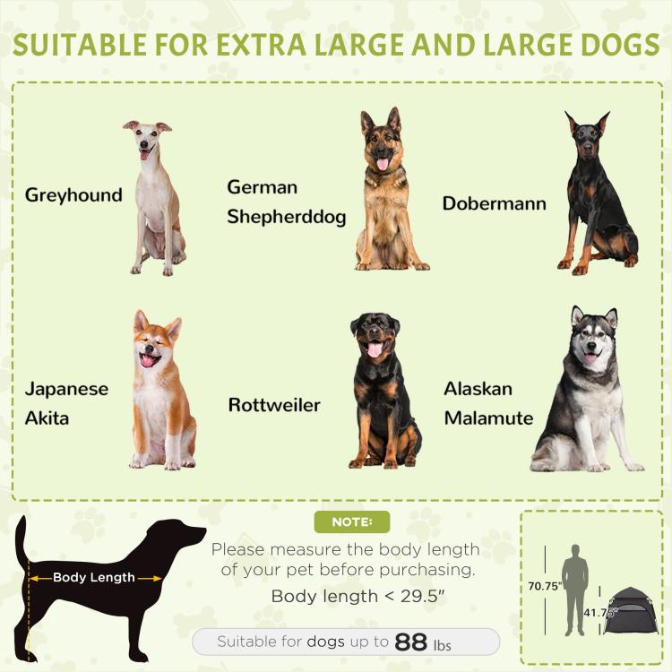 Pop-up dog tent size guide panel with extra large dog silhouettes