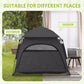 Dark gray pop-up dog tent with arched mesh front shown in indoor and outdoor use