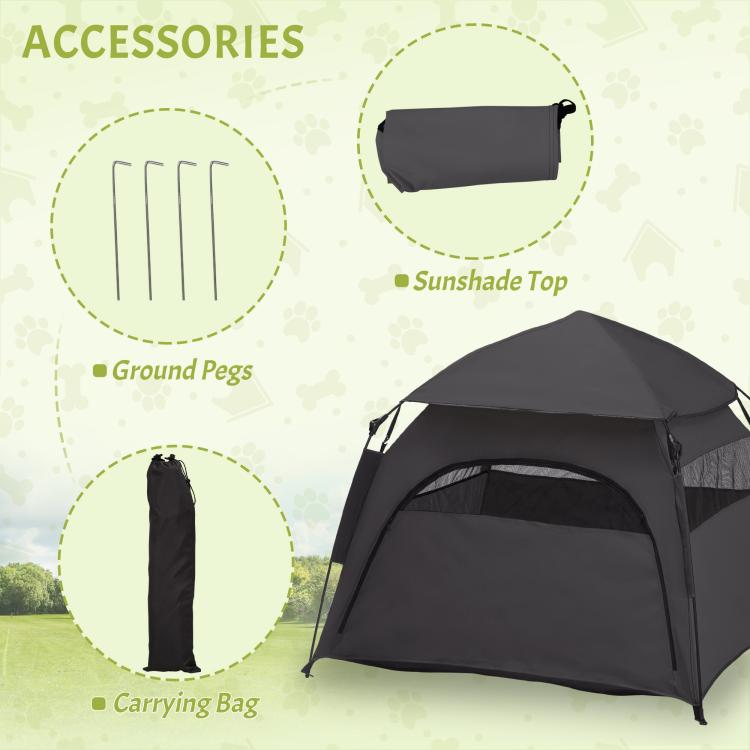 Pop-up dog tent with accessories icons: carrying bag, ground pegs, sunshade top