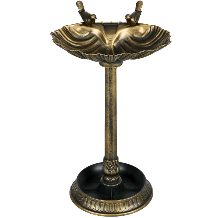 Bronze bird bath pedestal with shell-style basin, two bird statues, and black round base