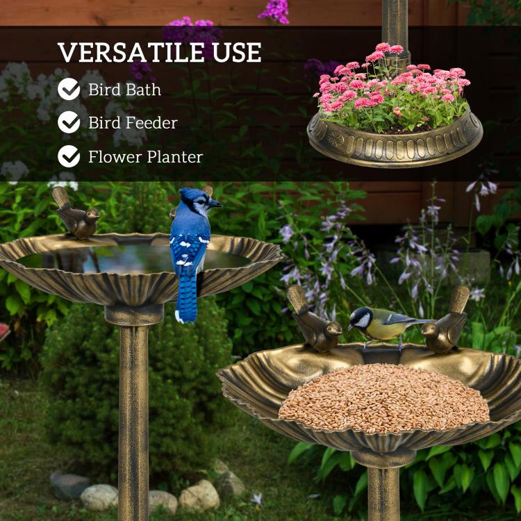 Bronze bird bath pedestal with shell basin and bird statues, plus planter bowl for flowers