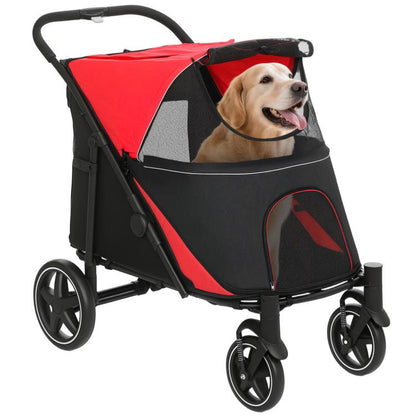 Red and black dog stroller with front mesh window and four rolling wheels