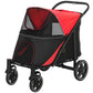 Red and black dog stroller side view with large mesh panels and canopy