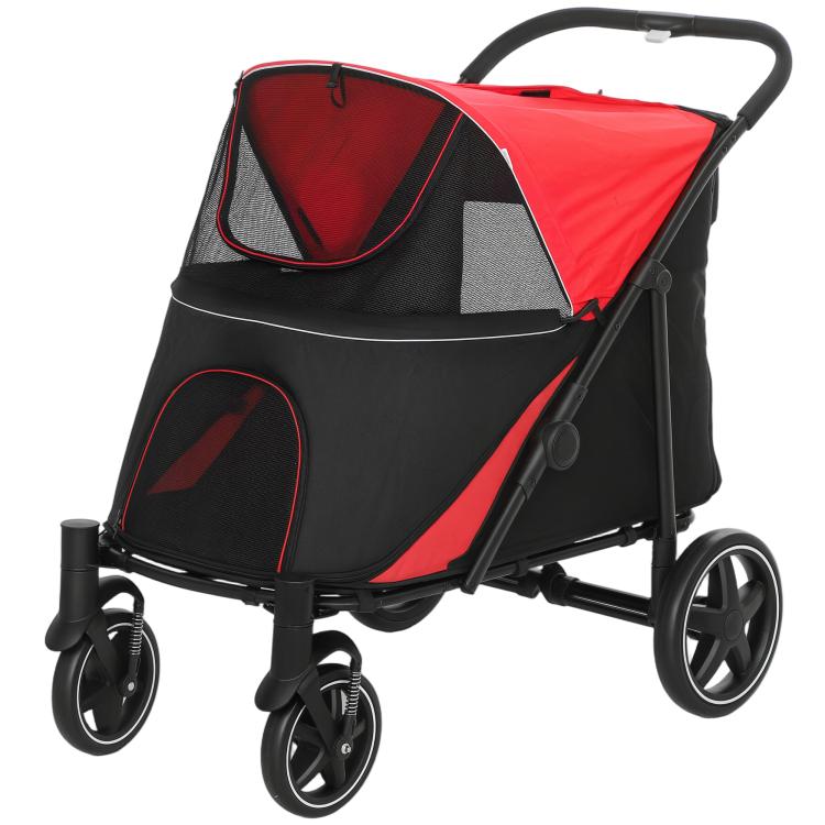 Red and black dog stroller side view with large mesh panels and canopy