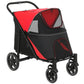 Dog stroller with red and black canopy, mesh window, and four rolling wheels