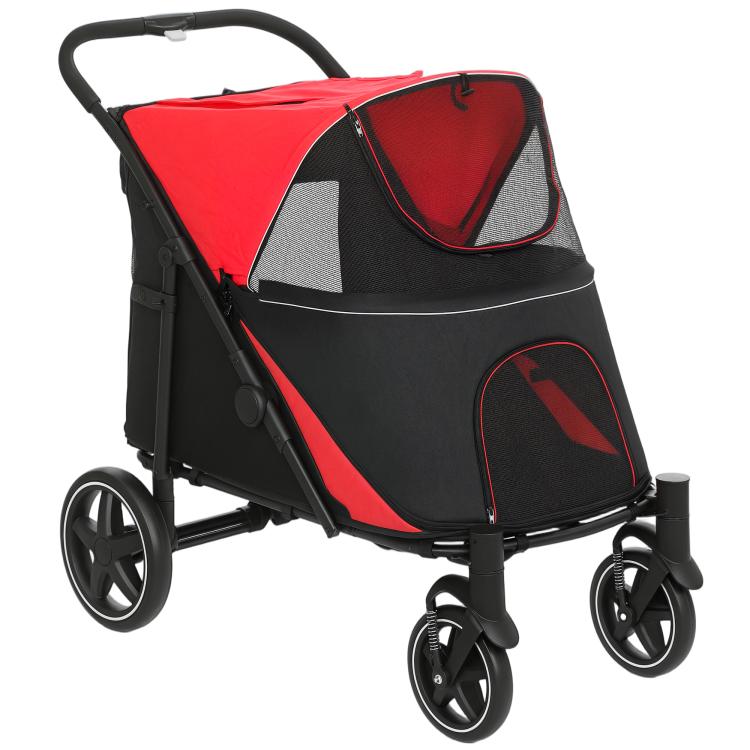 Dog stroller with red and black canopy, mesh window, and four rolling wheels