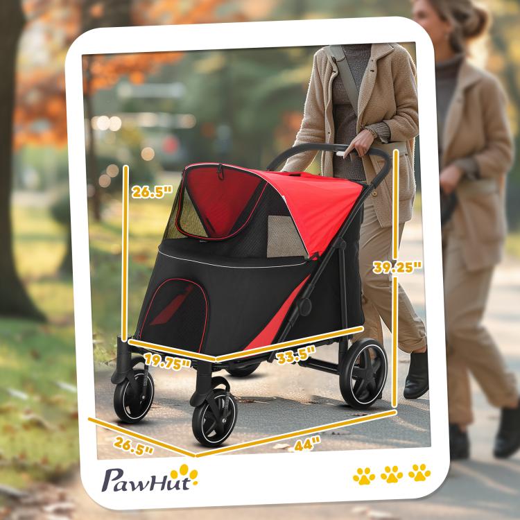 Red and black dog stroller with front mesh window and padded seat under canopy