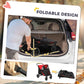 Foldable red and black dog stroller shown folded in a car trunk