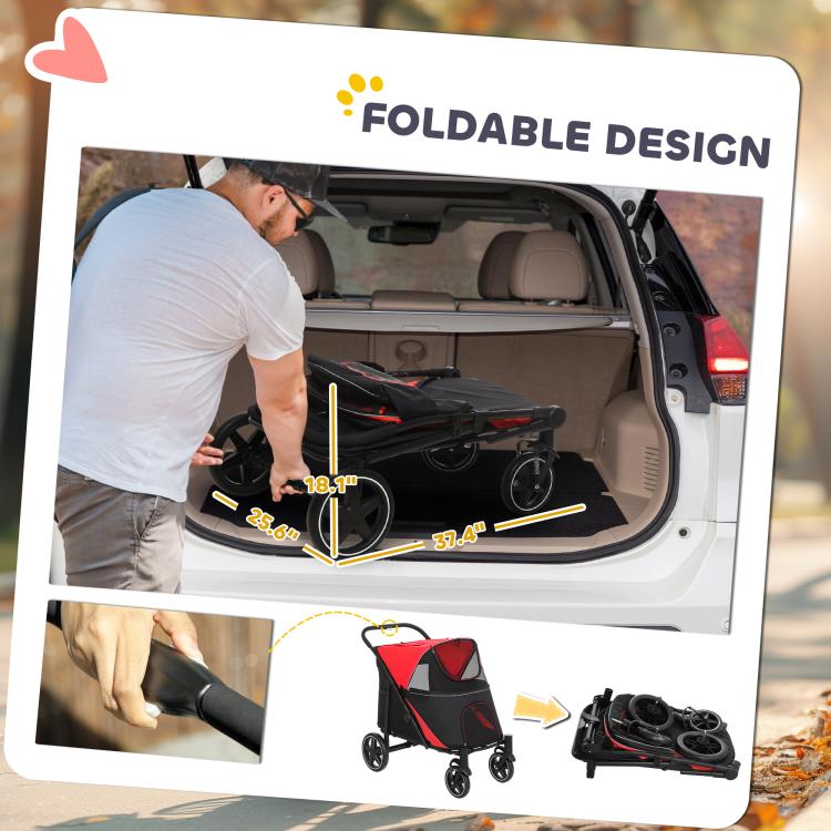 Foldable red and black dog stroller shown folded in a car trunk