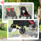 Red and black dog stroller with adjustable canopy and universal front and rear wheels