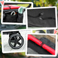 Red and black dog stroller accessories with carry bag, safety strap, and wheels