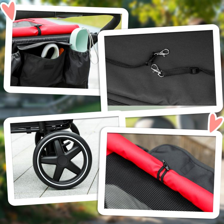 Red and black dog stroller accessories with carry bag, safety strap, and wheels