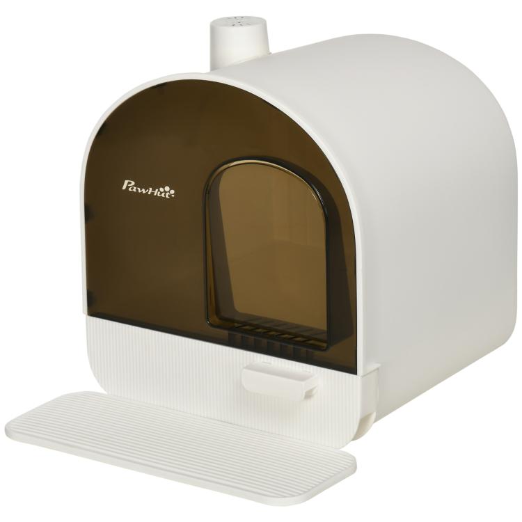 White enclosed cat litter box with hinged lid, brown front window, and front pull tray