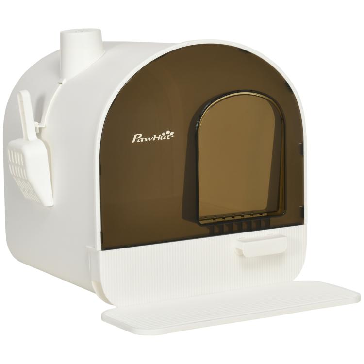 White covered cat litter box with arched door, scoop holder, and pawHut logo