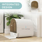 White enclosed cat litter box with integrated anti-leakage design and front tray