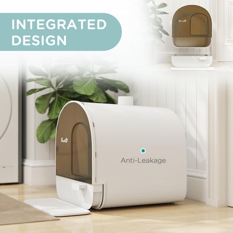 White enclosed cat litter box with integrated anti-leakage design and front tray