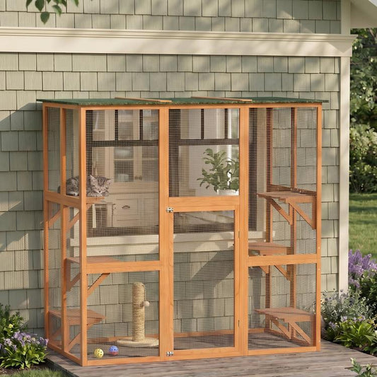 Orange wooden outdoor cat enclosure with wire mesh, hinged door, and elevated platforms