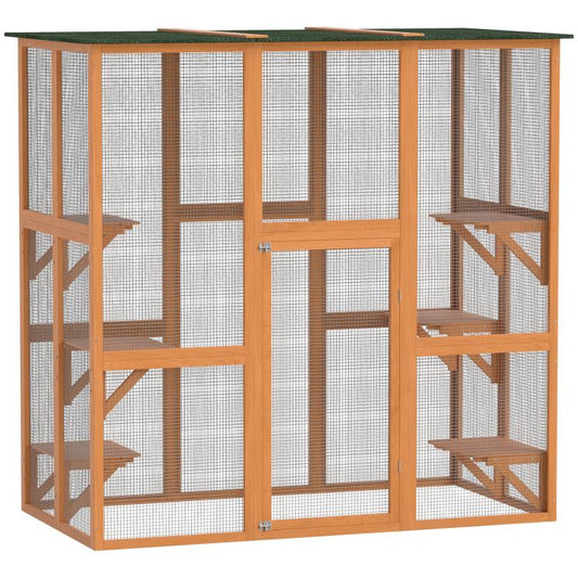 Orange wooden outdoor cat enclosure with wire mesh panels and multi-level ledges