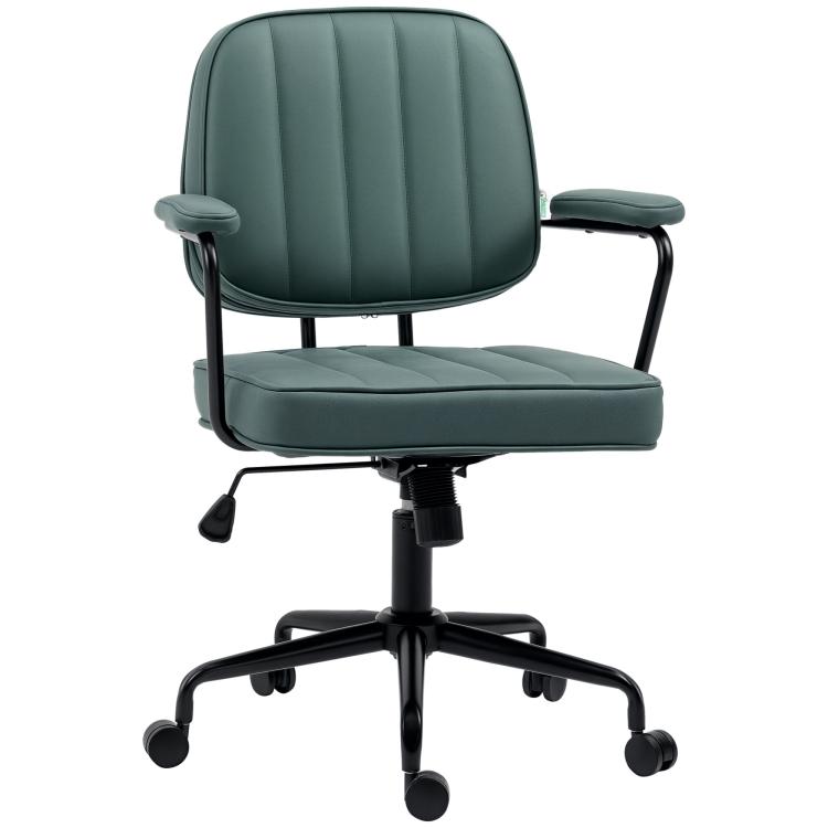 Green upholstered office chair with curved back, armrests, padded seat, and swivel base