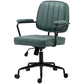 Green office chair with arched armrests, padded seat and back, and black swivel base
