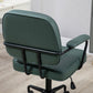 Green upholstered office chair with curved back, padded arms, and black caster base