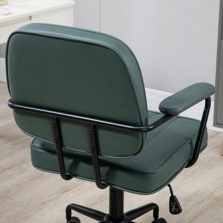 Green upholstered office chair with curved back, padded arms, and black caster base